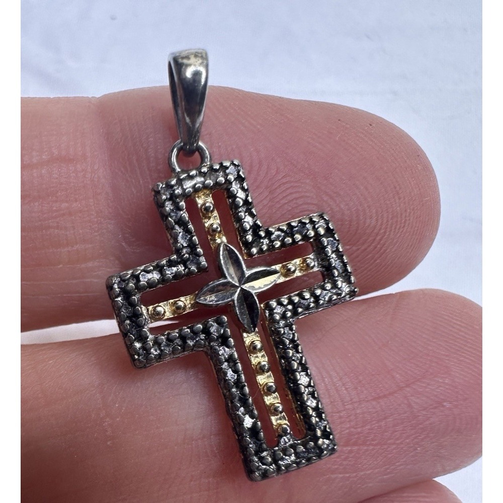 Sterling Silver Cross Charm Texture Gold Plated Intricate Open Religious 925
